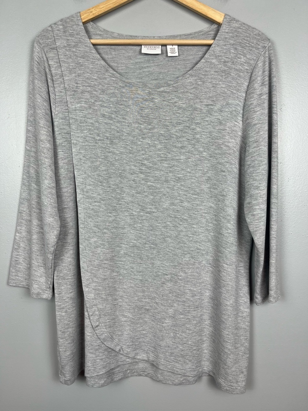 Weekends by Chico’s rayon spandex jersey knit gray tulip hem top, medium.
